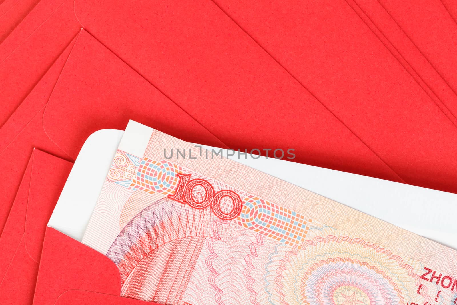 Chinese or 100 Yuan banknotes money in red envelope, as chinese new year background