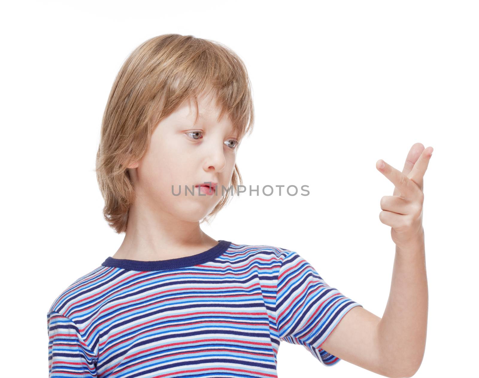 Boy Counting on Fingers of his Hand - Isolated on White