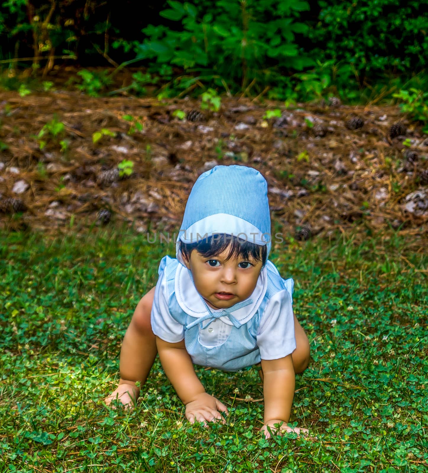 Latino baby dressed up and crawling outside in the grass