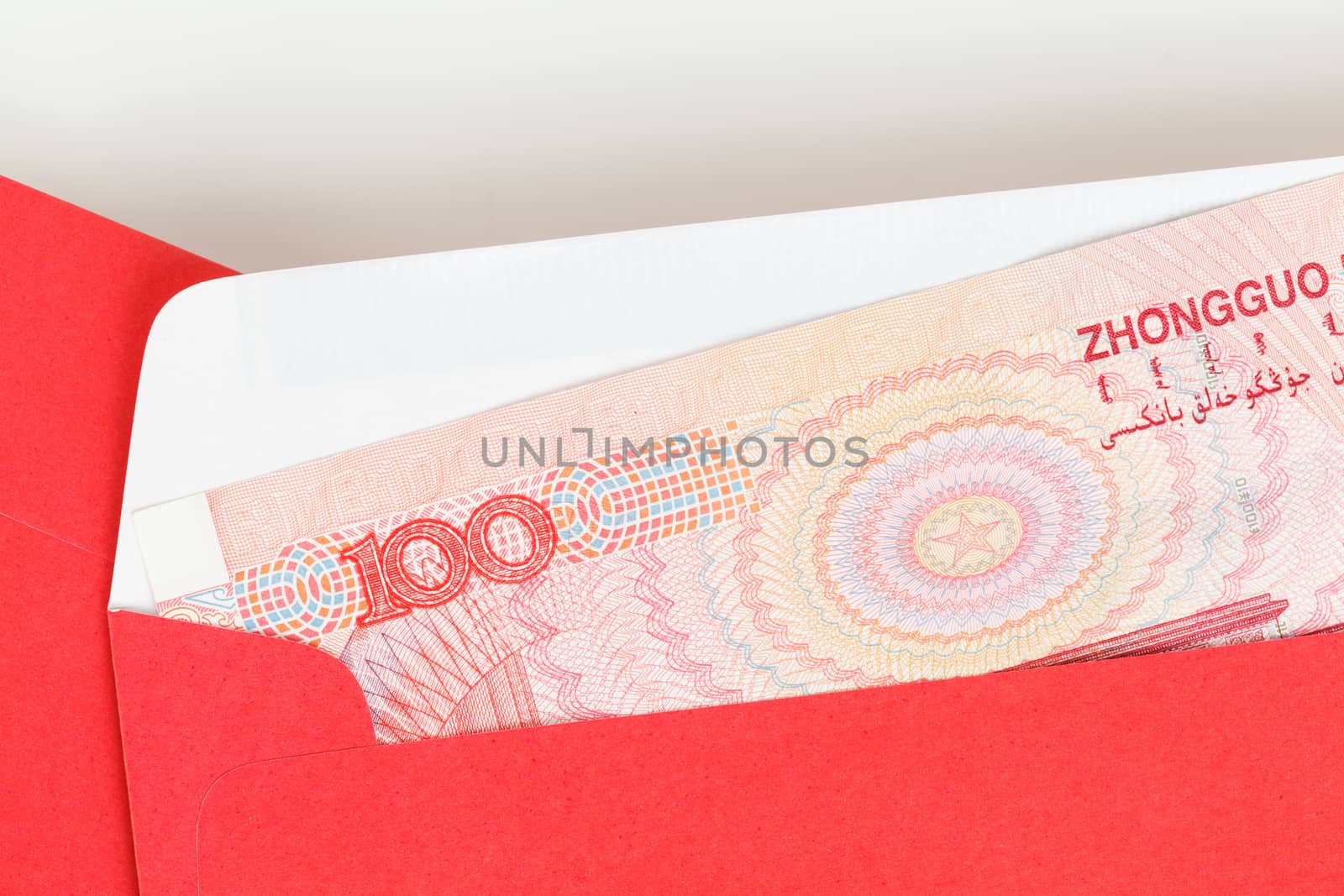 Chinese or 100 Yuan banknotes money in red envelope, as chinese  by FrameAngel