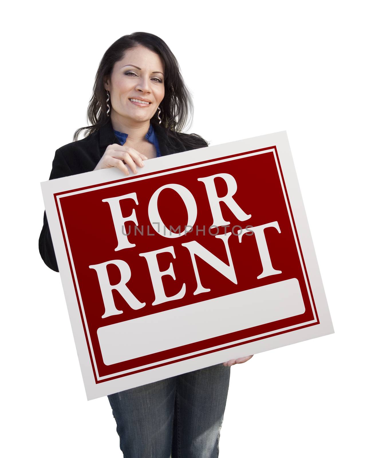 Smiling Hispanic Woman Holding For Rent Sign Isolated On White.