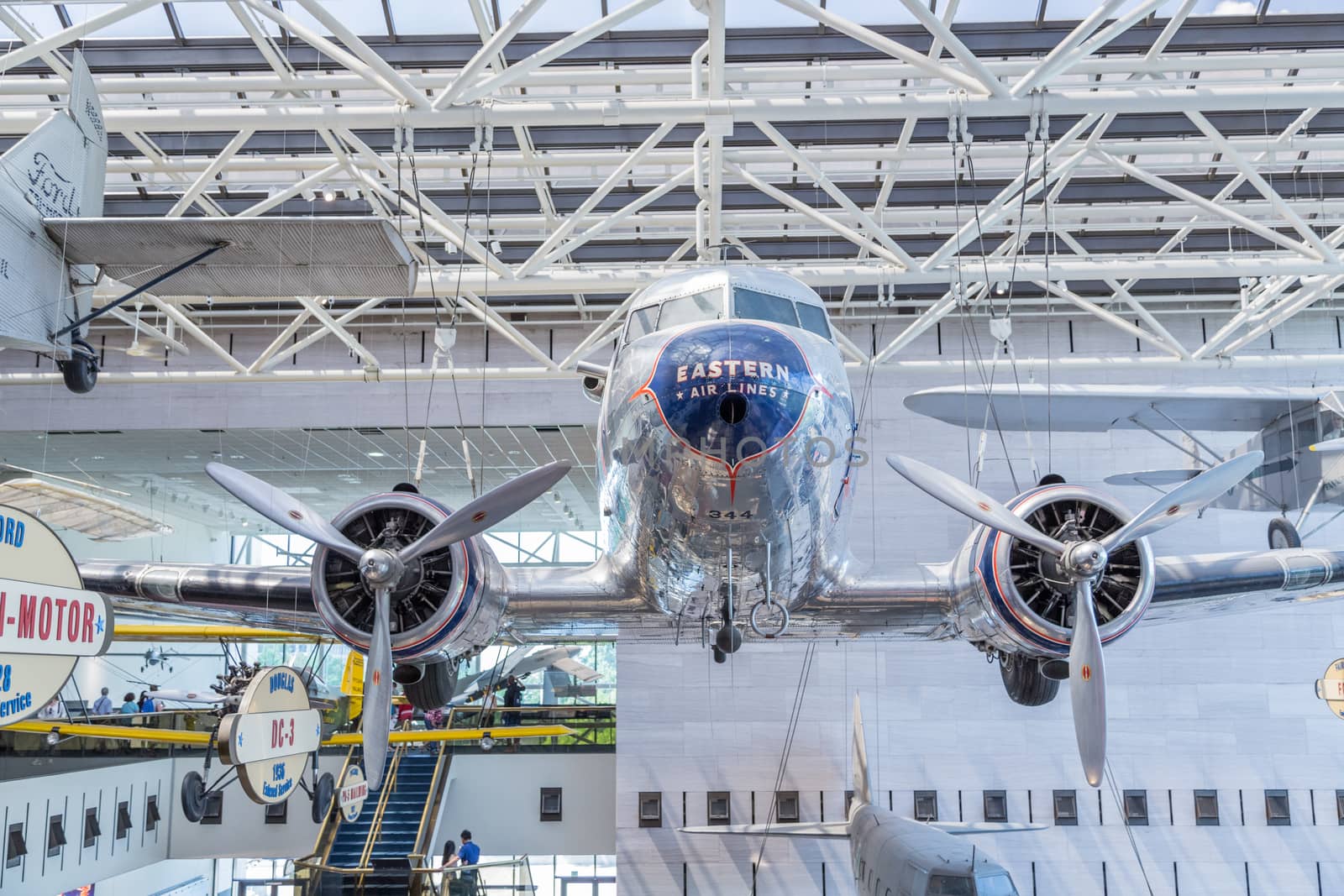 Washington DC, Aug 26: Douglas DC-3 is a fixed-wing propeller-driven plane hangs on display at the Smithsonian Natural Air and Space Museum on August 26 2014, Washington DC, USA.