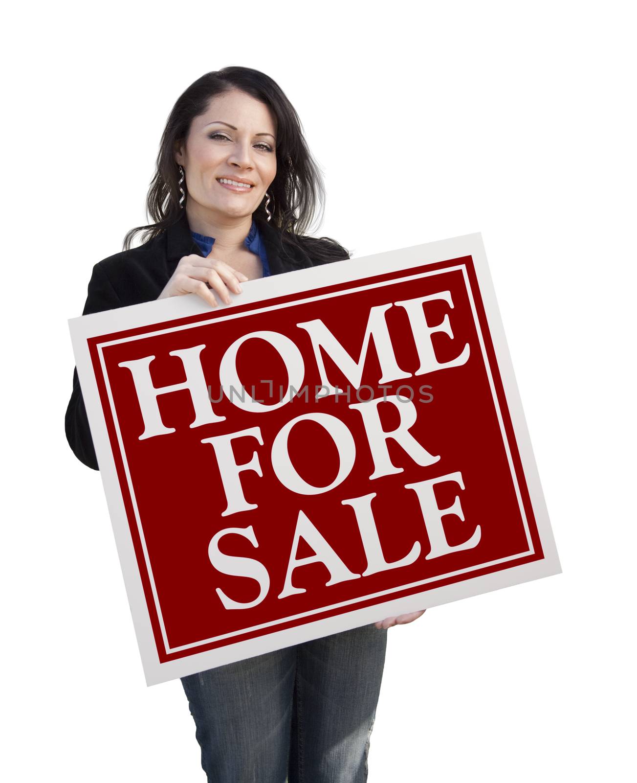 Hispanic Woman Holding Home For Sale Real Estate Sign Isolated On White.