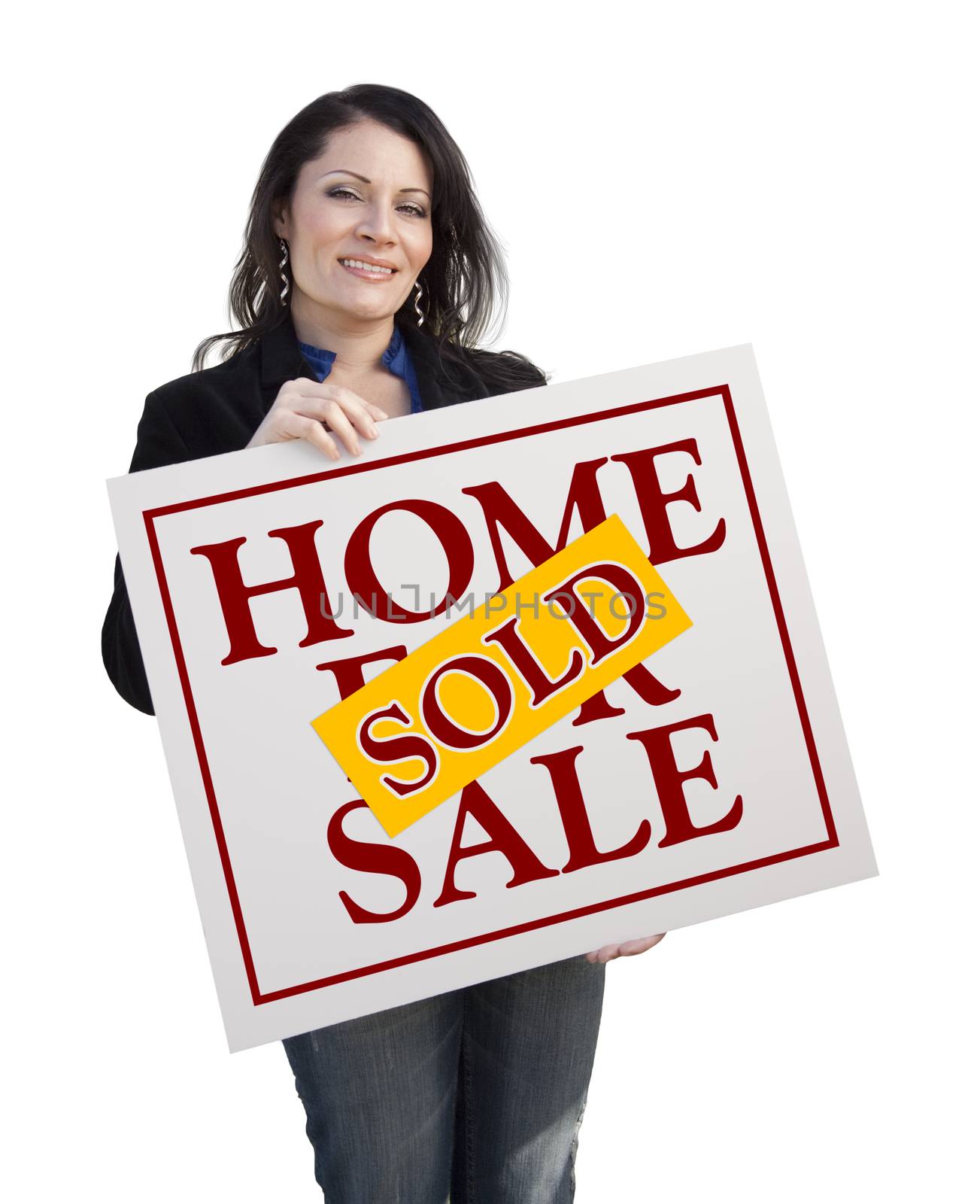 Hispanic Woman Holding Sold Home For Sale Real Estate Sign Isolated On White.