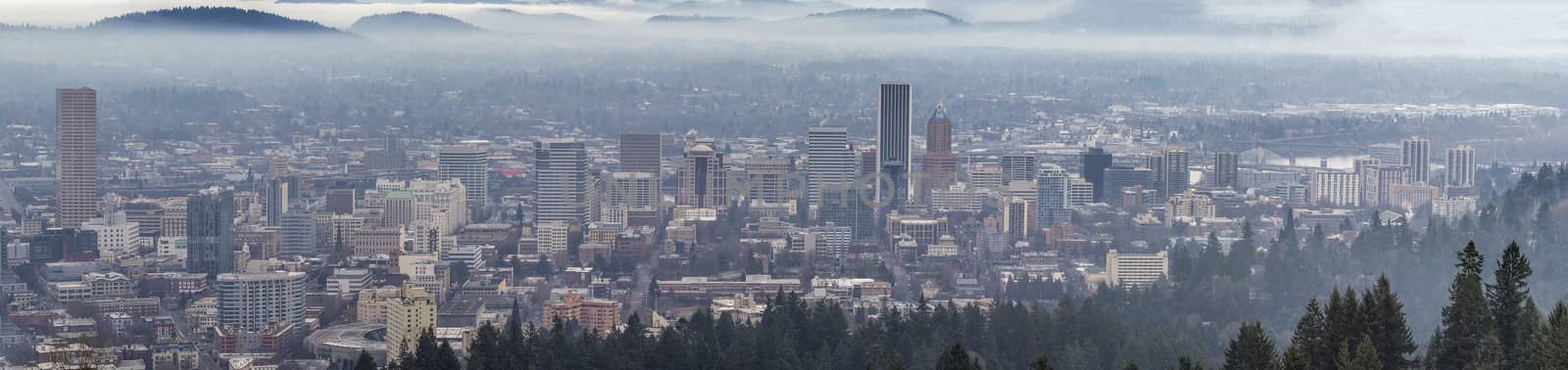 Foggy Portland Downtown Cityscape Panorama by Davidgn