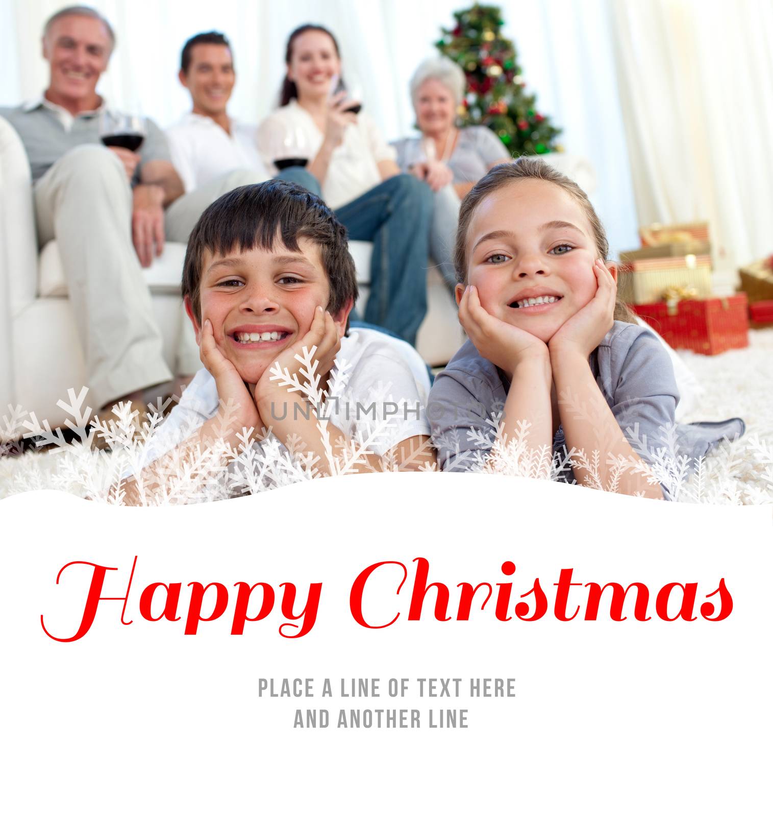 Composite image of brother and sister on floor with their family in christmas by Wavebreakmedia