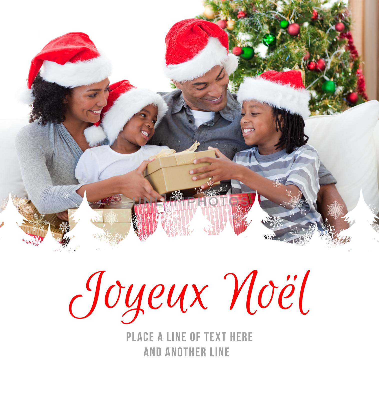 Family holding Christmas gifts against joyeux noel