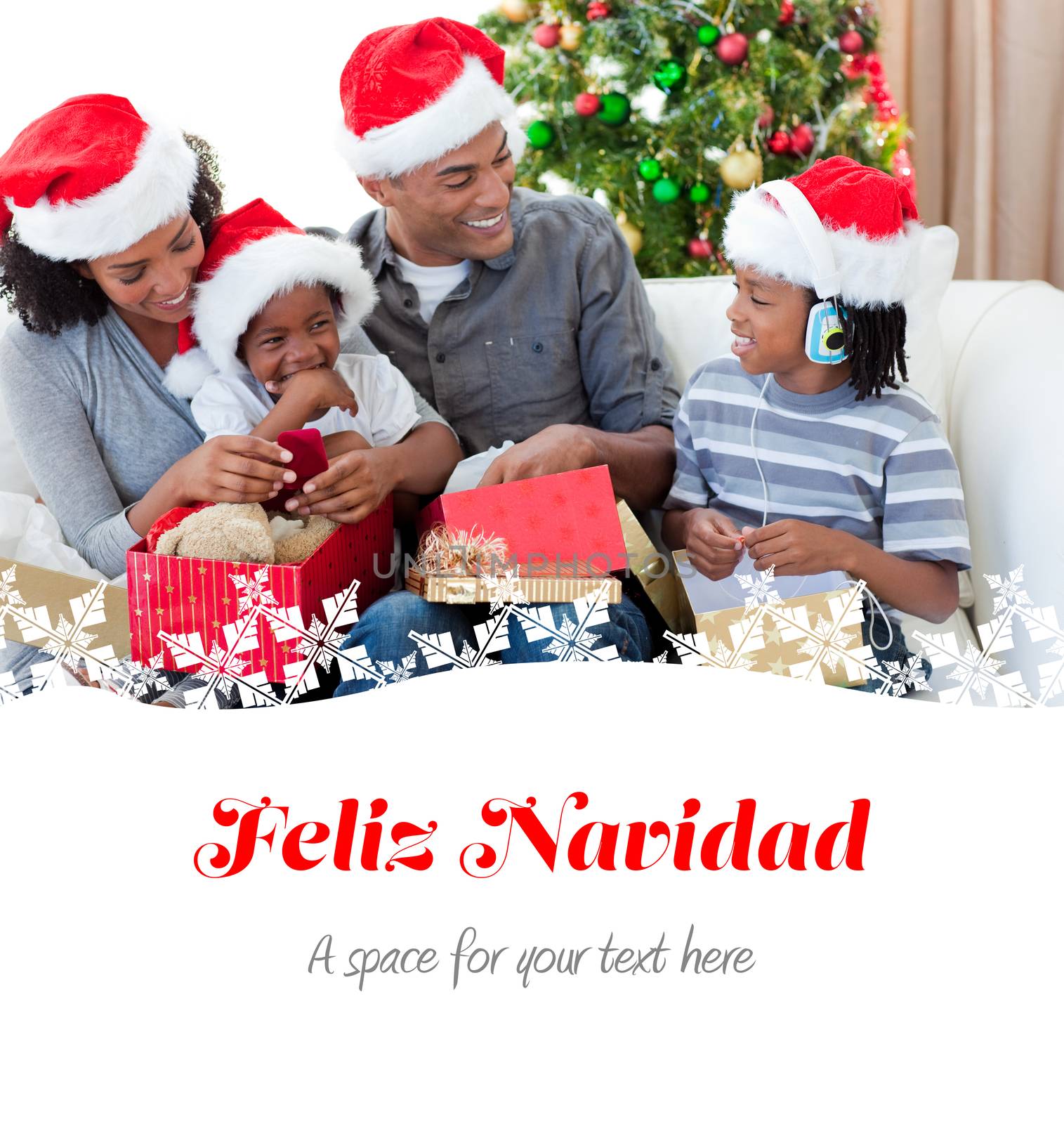 Happy family opening Christmas presents against feliz navidad