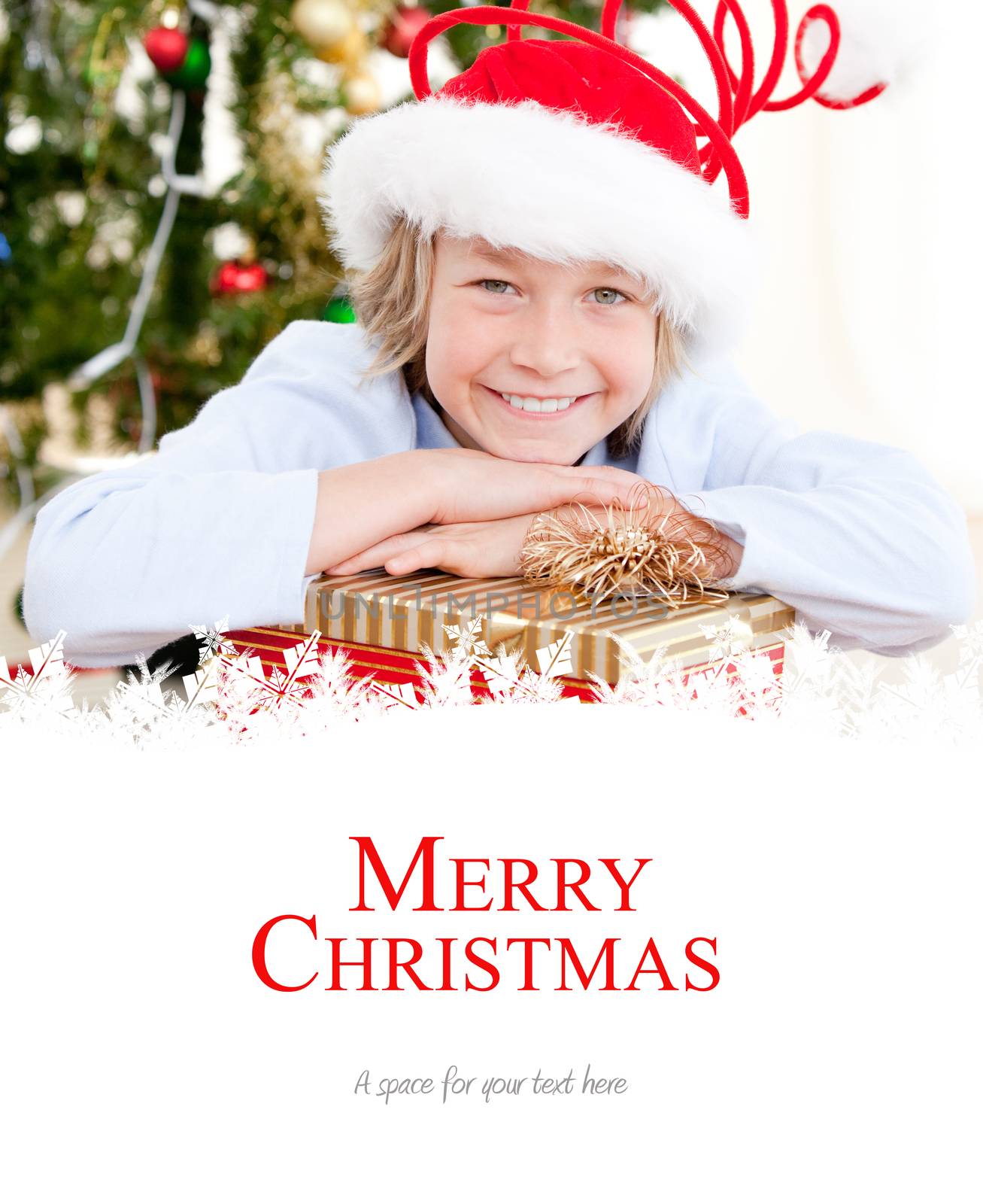 Adorable child celebrating christmas  against merry christmas