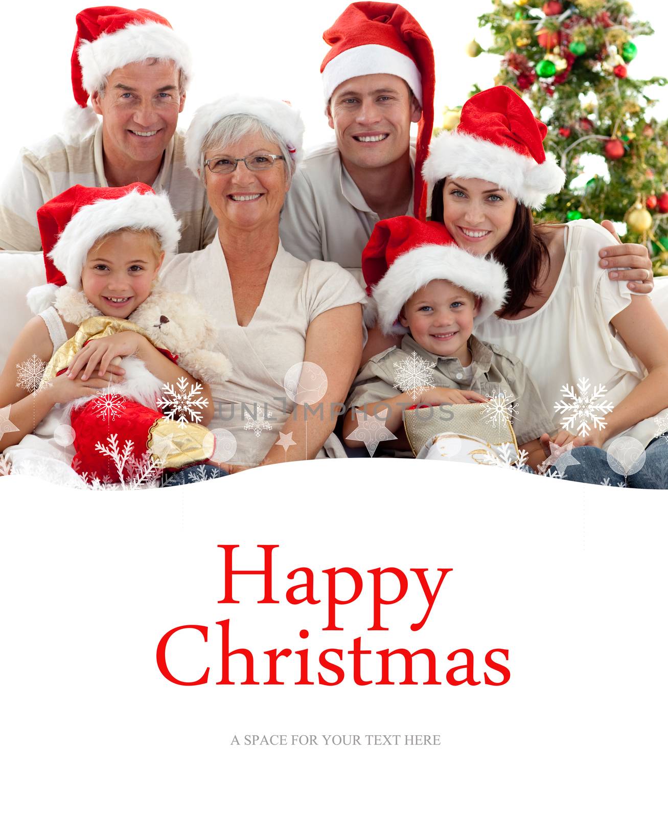 Children sitting with their family holding Christmas boots against happy christmas