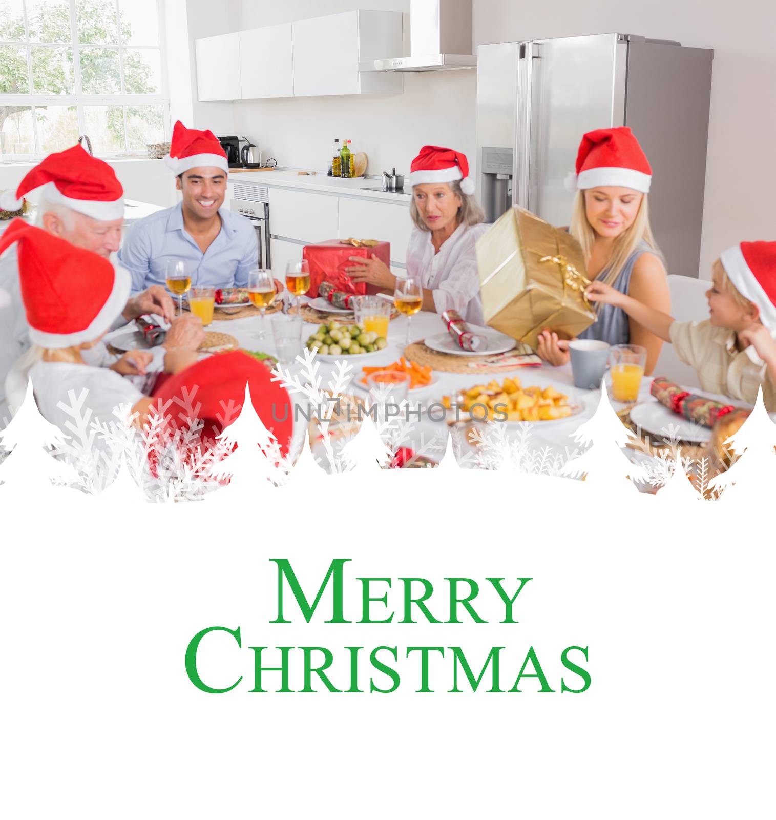 Composite image of smiling family around the dinner table at christmas by Wavebreakmedia