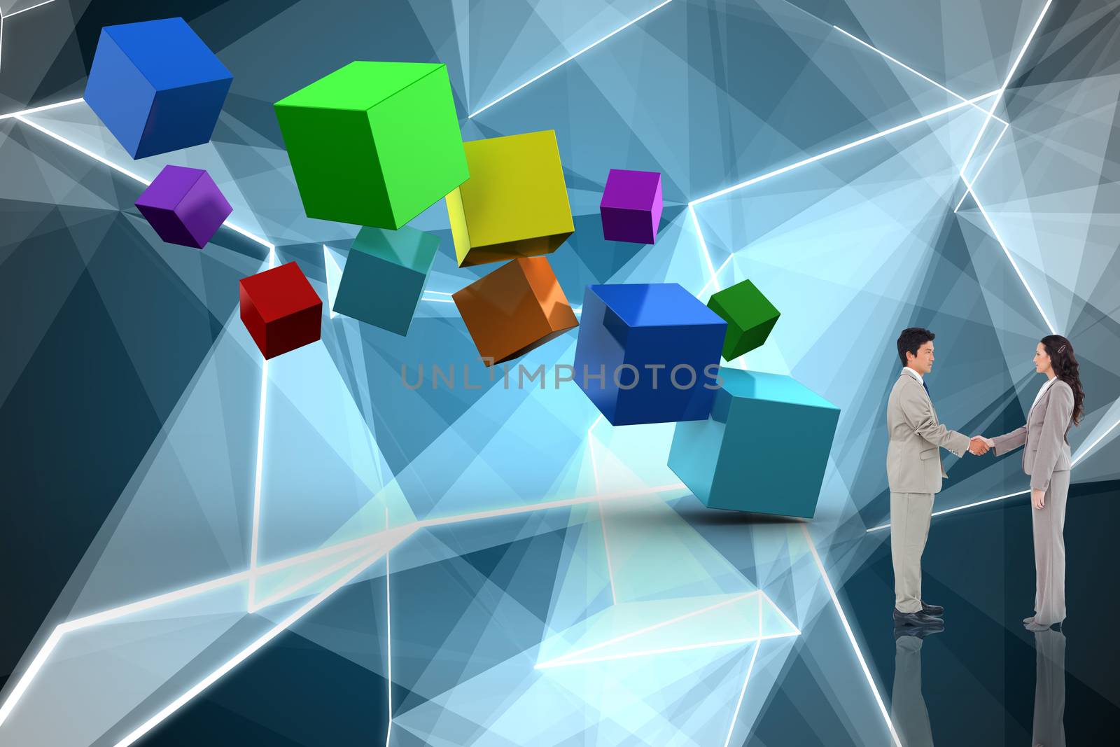 Business people shaking hands against abstract glowing black background