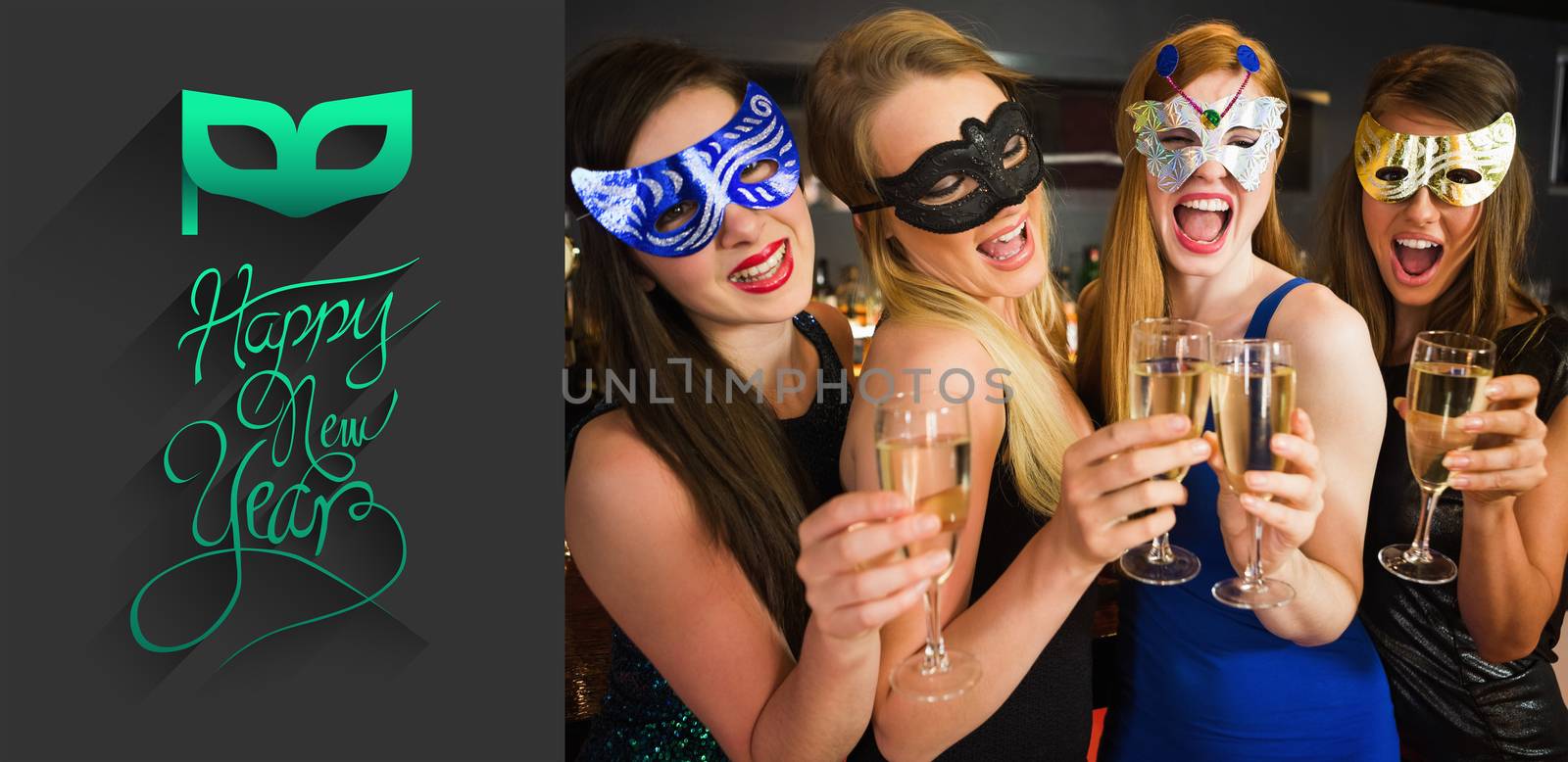 Attractive friends with masks on holding champagne glasses against classy new year greeting