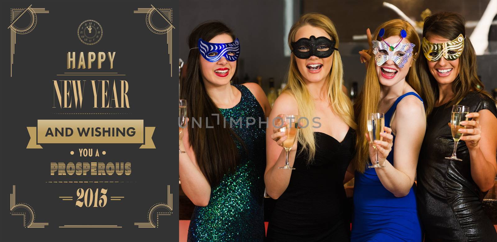 Laughing friends wearing masks holding champagne glasses against art deco new year greeting