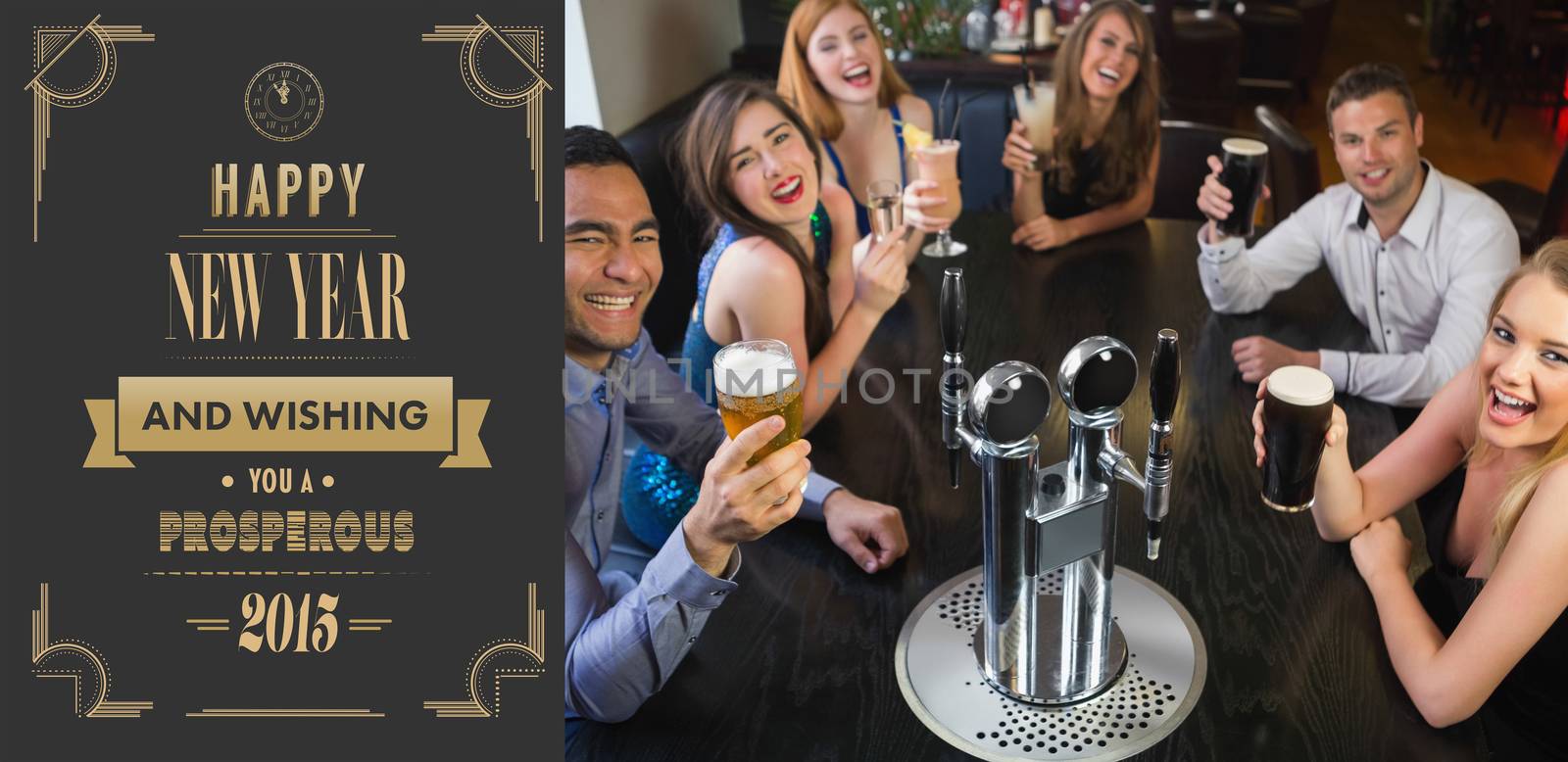 Composite image of laughing friends raising their glasses up by Wavebreakmedia