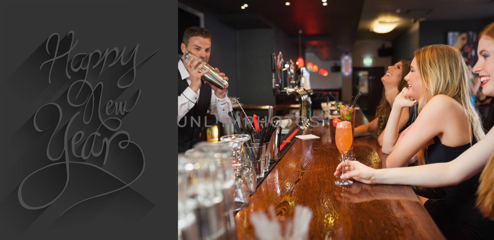 Composite image of handsome bartender making cocktails for beautiful women by Wavebreakmedia