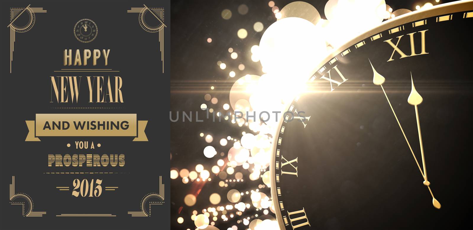 Art deco new year greeting against black and gold new year graphic
