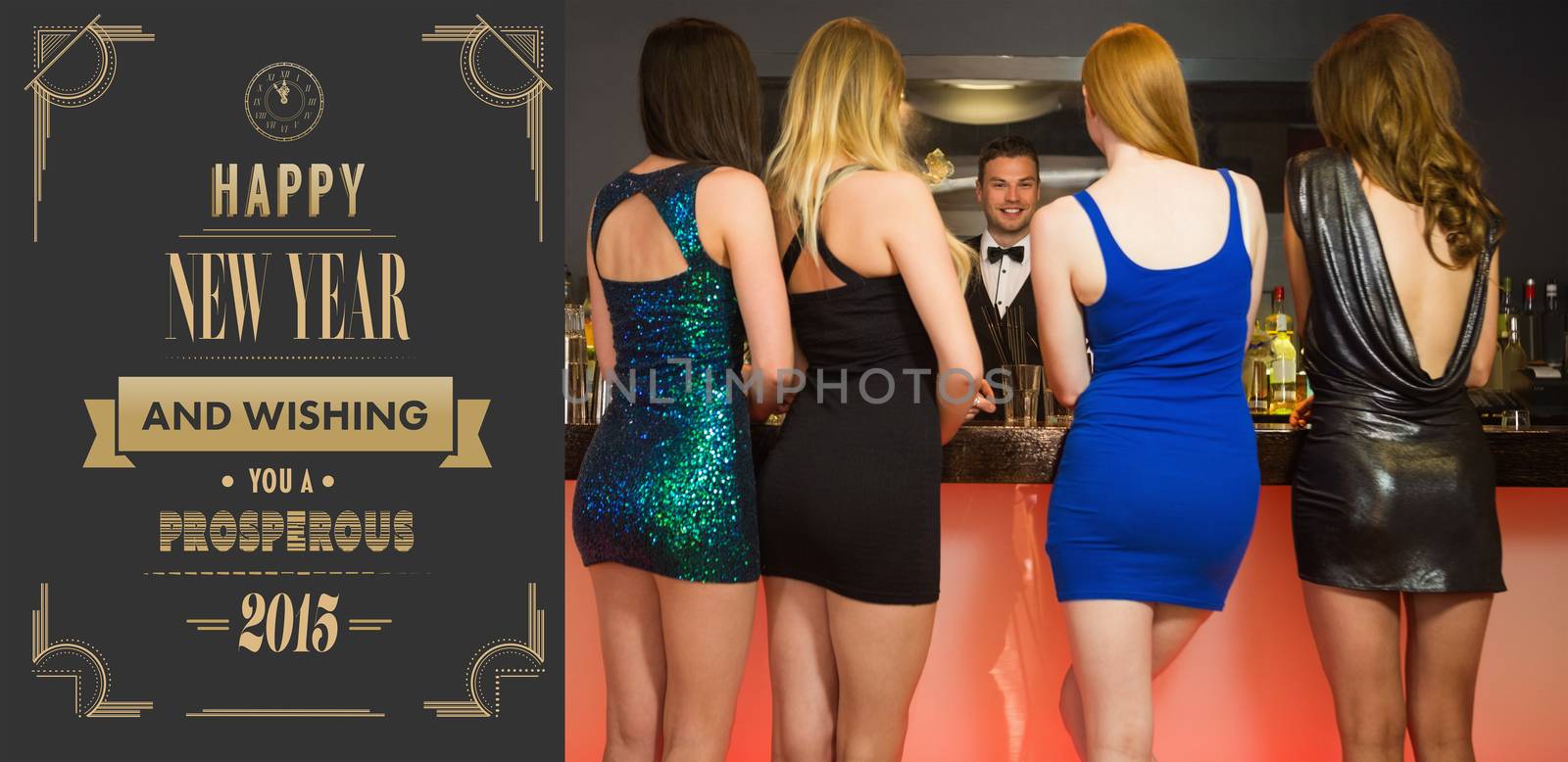 Attractive friends ordering drinks against art deco new year greeting