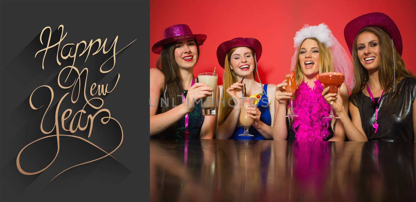 Composite image of laughing friends having hen party holding cocktails by Wavebreakmedia