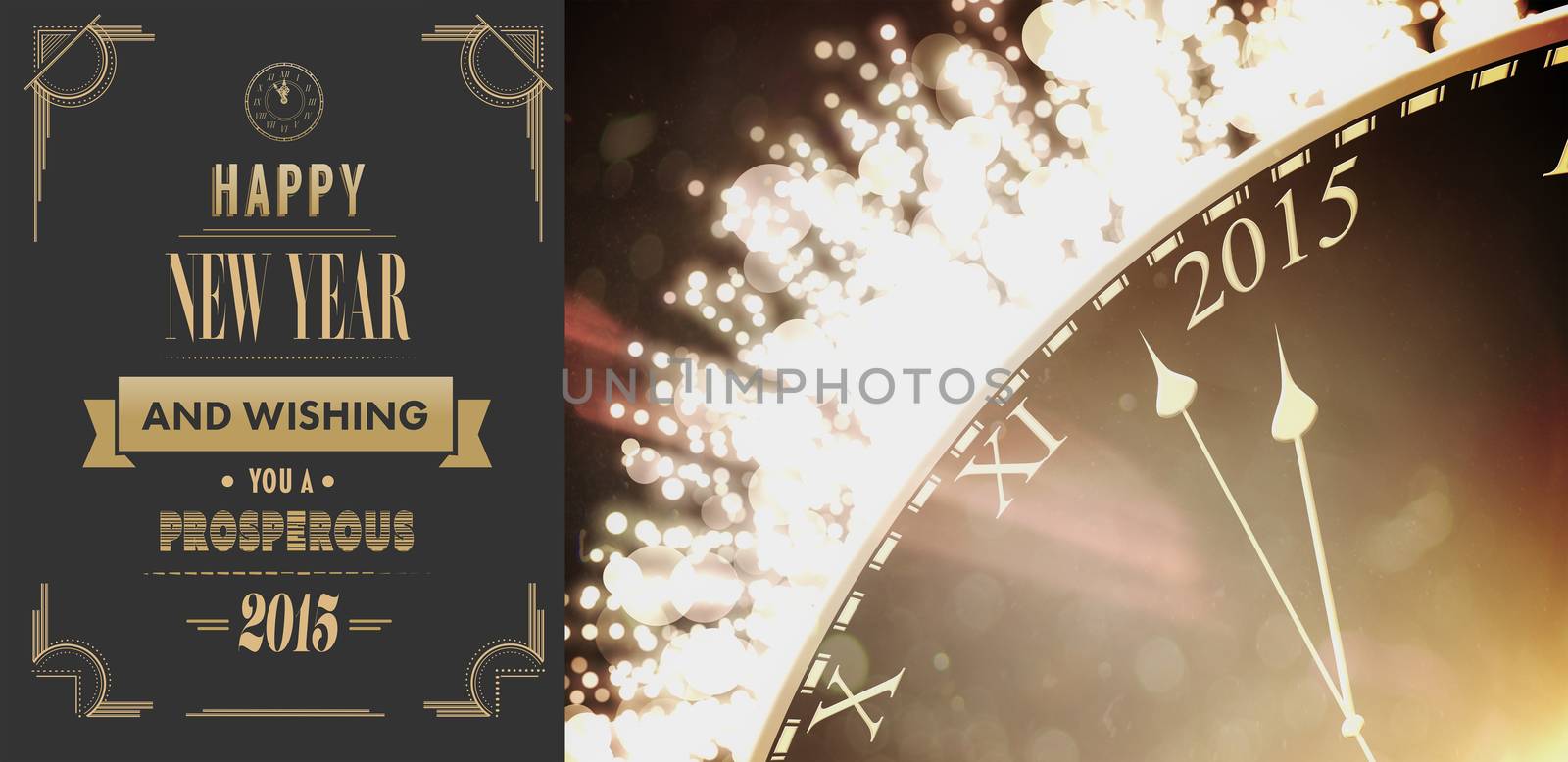 Art deco new year greeting against black and gold new year graphic