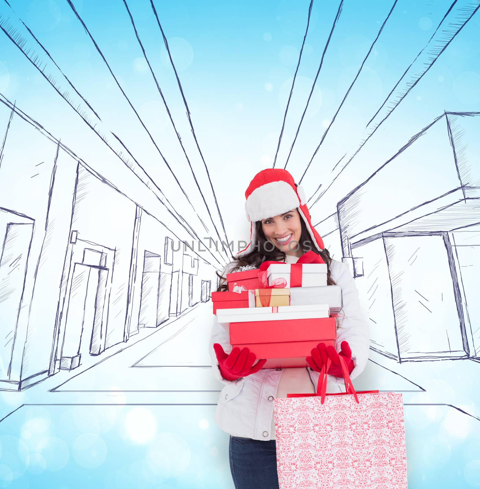 Composite image of brunette in winter clothes holding many gifts and shopping bags by Wavebreakmedia