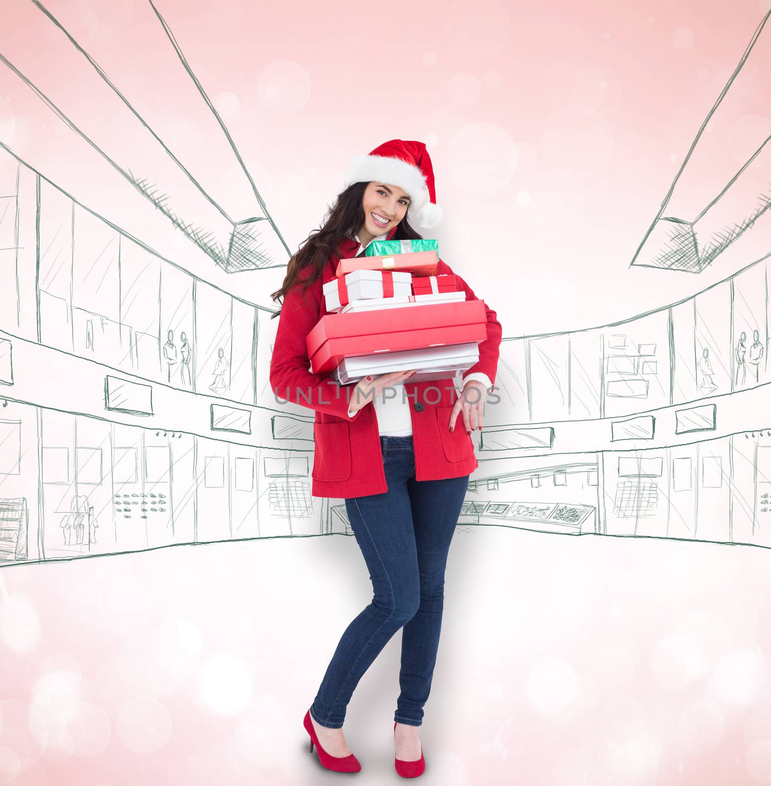 Composite image of festive brunette in santa hat and red coat holding pile of gifts by Wavebreakmedia