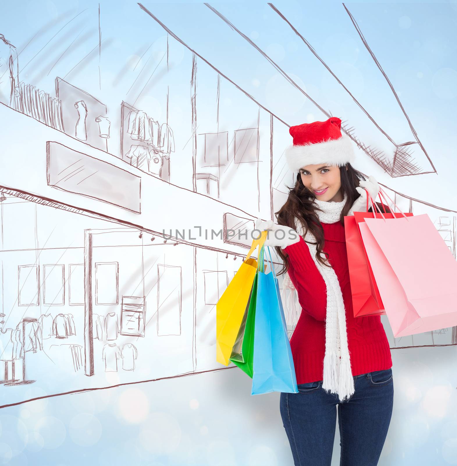 Composite image of smiling brunette in winter wear holding shopping bags by Wavebreakmedia