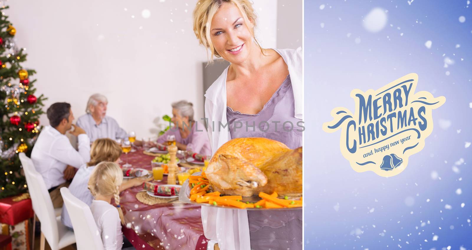 Proud mother showing roast turkey against purple vignette