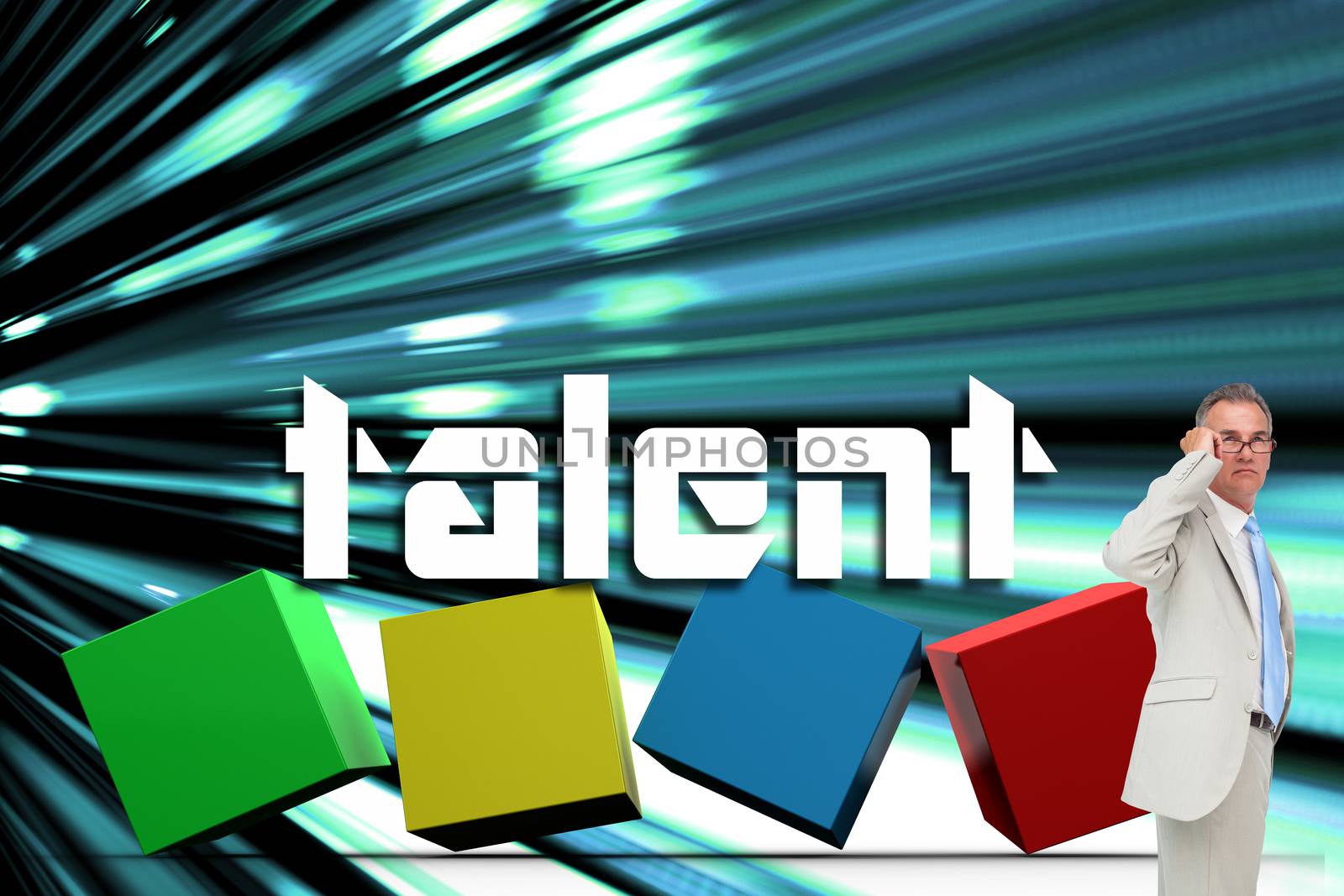 The word talent and thinking businessman against abstract turquoise glowing background