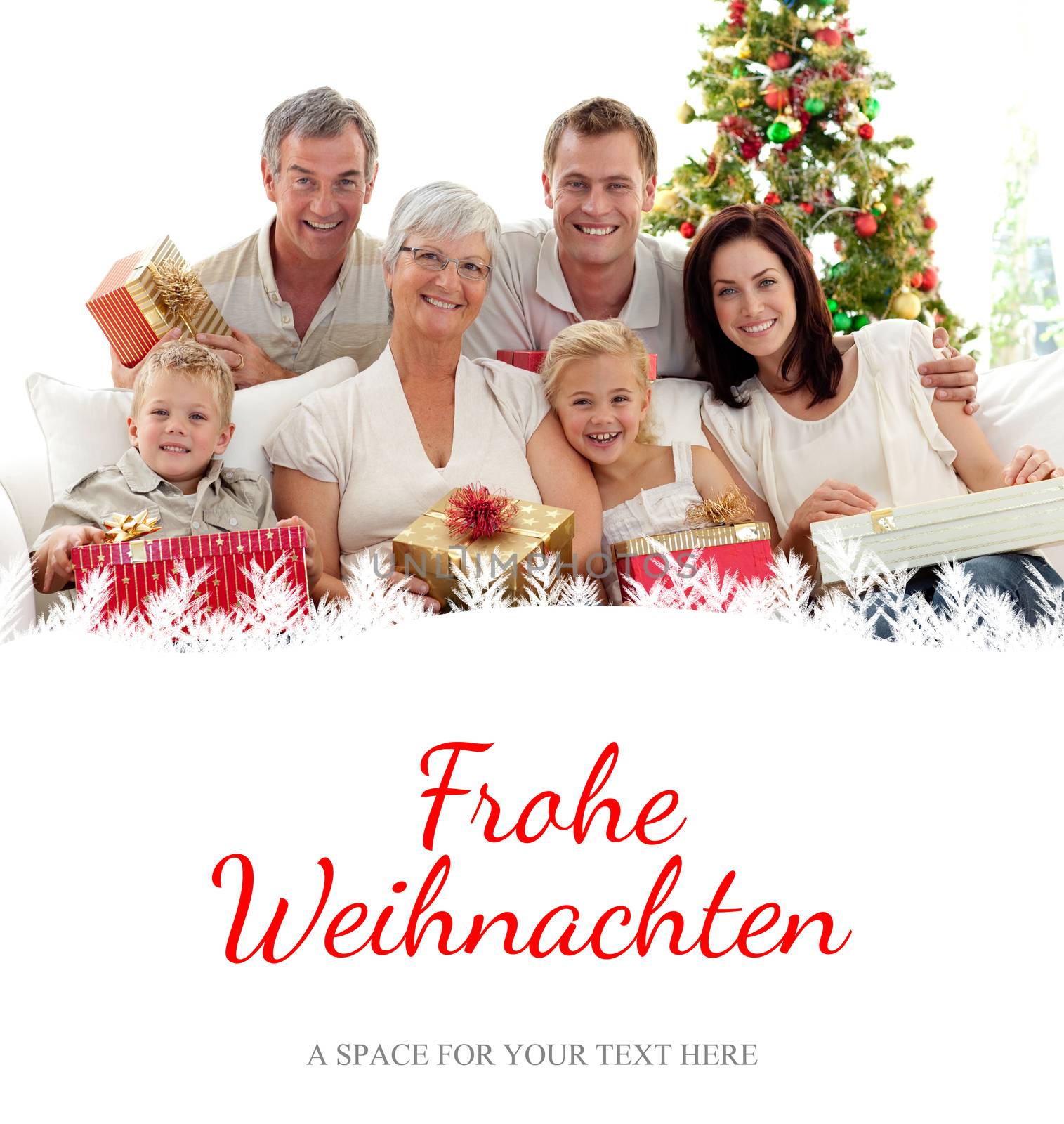 Family holding Christmas presents at home against christmas greeting in german