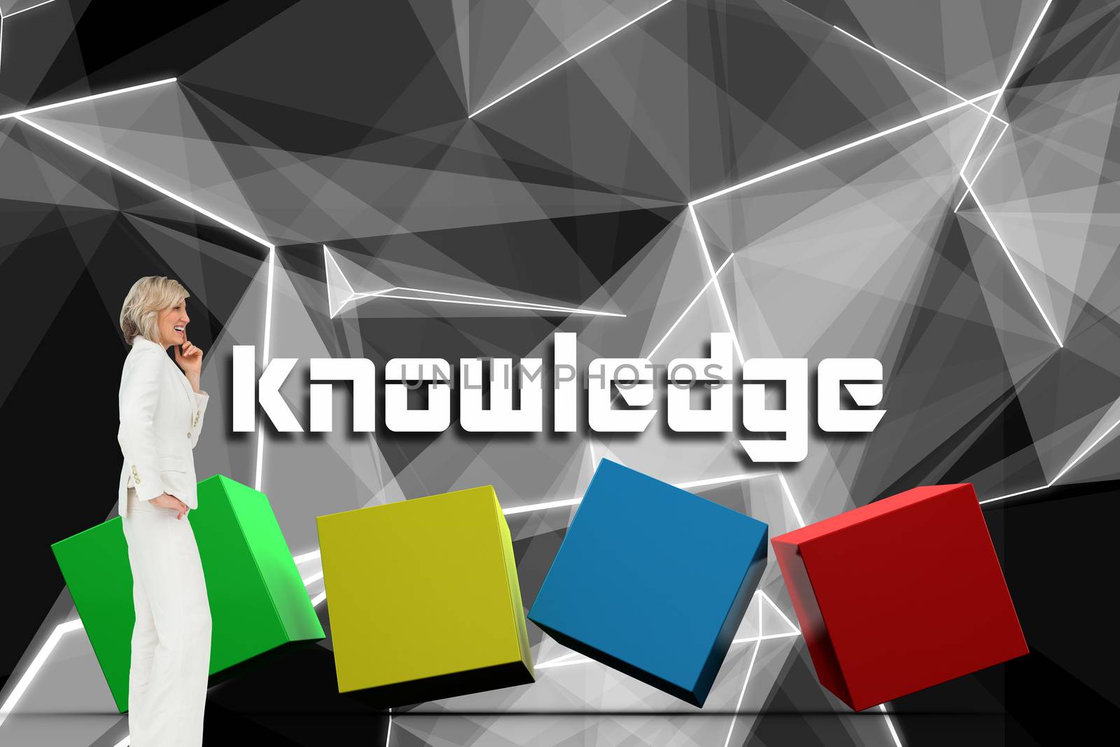 The word knowledge and thinking businesswoman against abstract glowing black background