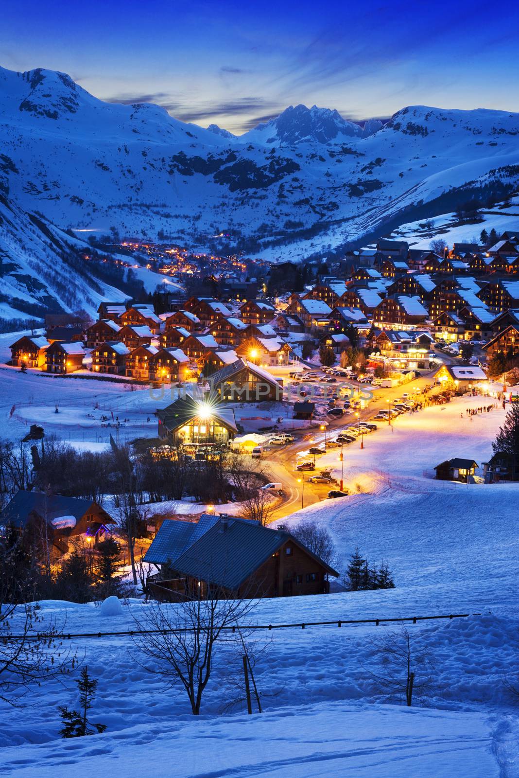 Evening landscape and ski resort in French Alps,Saint jean d'Arves, France 