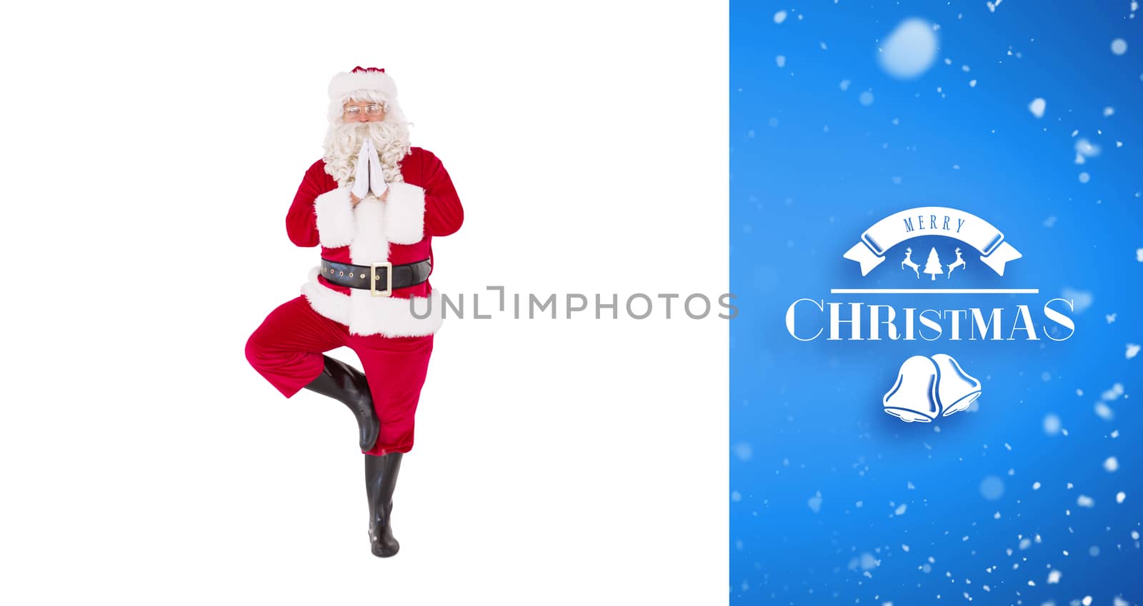 Santa claus in tree pose  against blue vignette