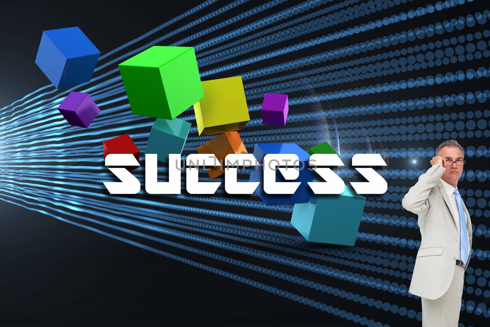 The word success and thinking businessman against abstract shiny lines on black background