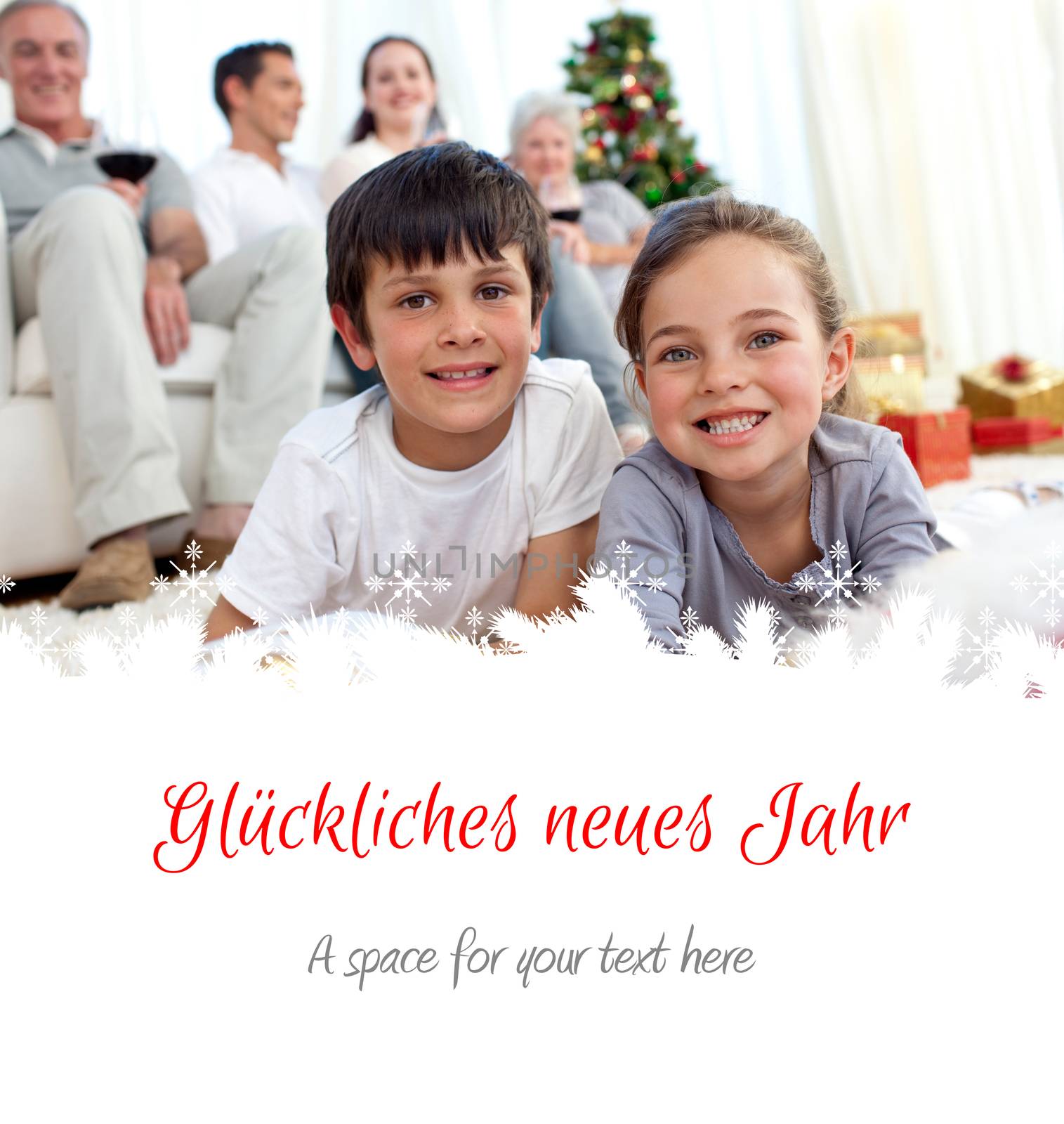 Smiling children looking for presents in Christmas boots against  christmas greeting in german