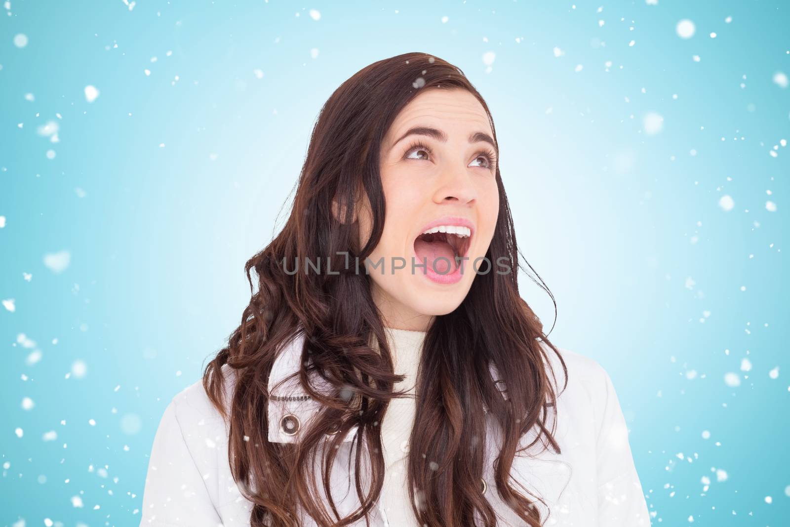 Beauty brown hair in white coat screaming against blue vignette