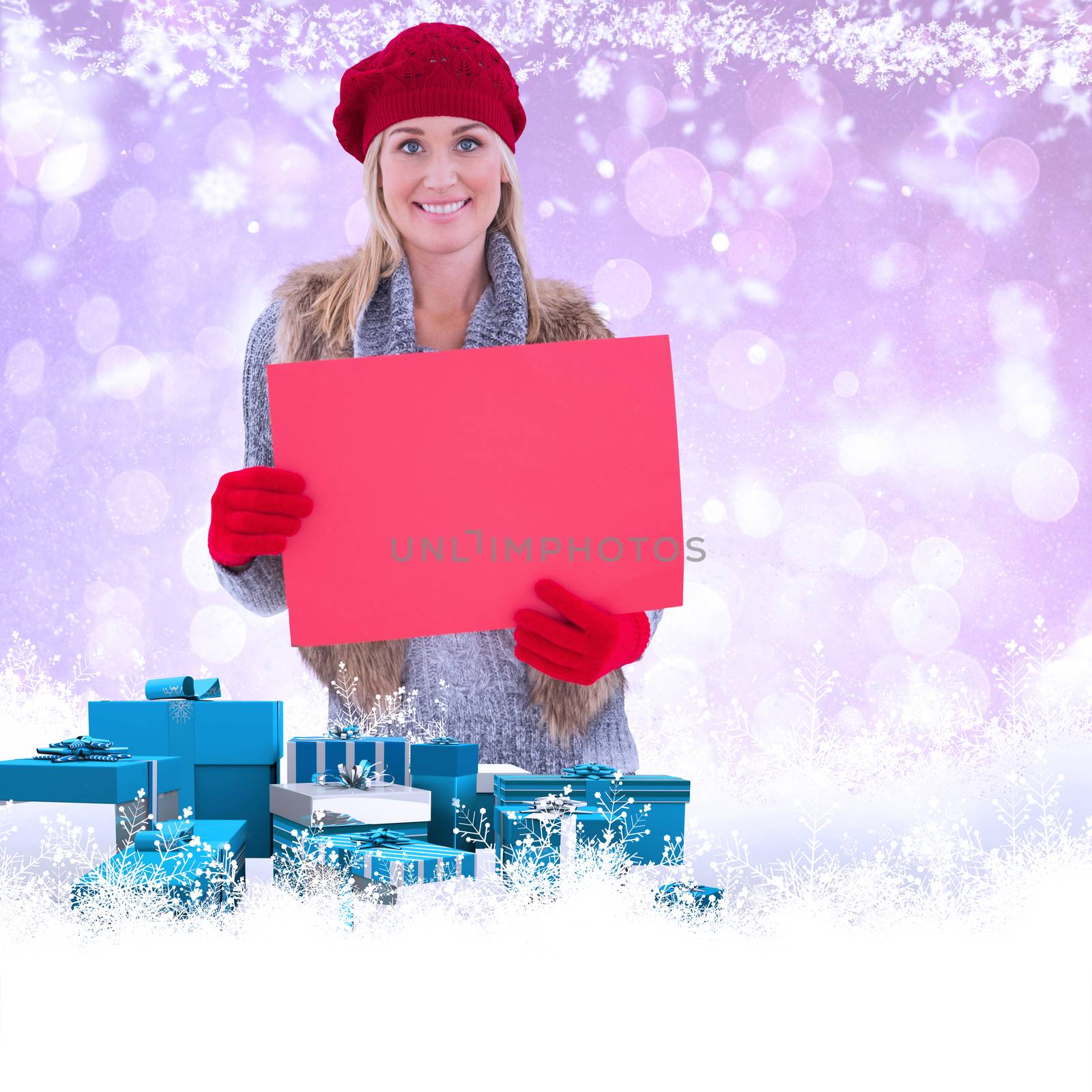 Blonde in winter clothes holding red sign against purple abstract light spot design