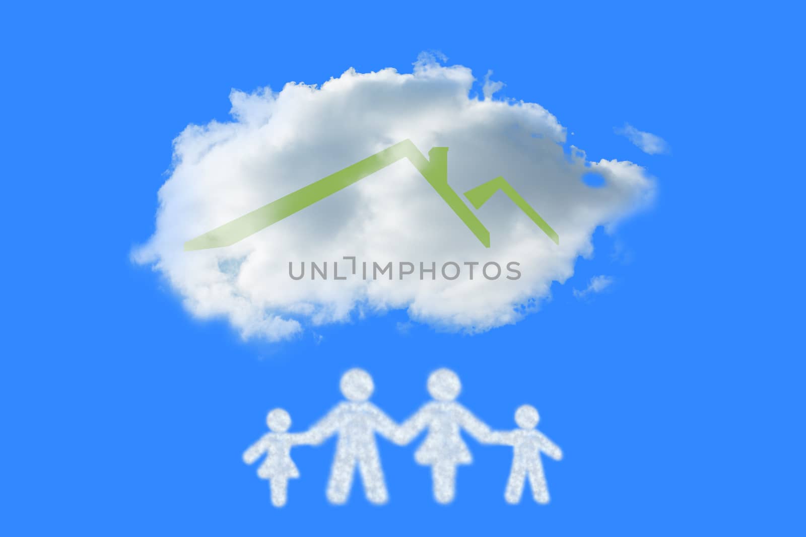 Cloud in shape of family against blue vignette