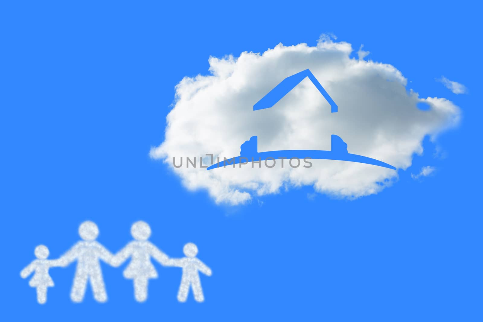 Cloud in shape of family against blue vignette