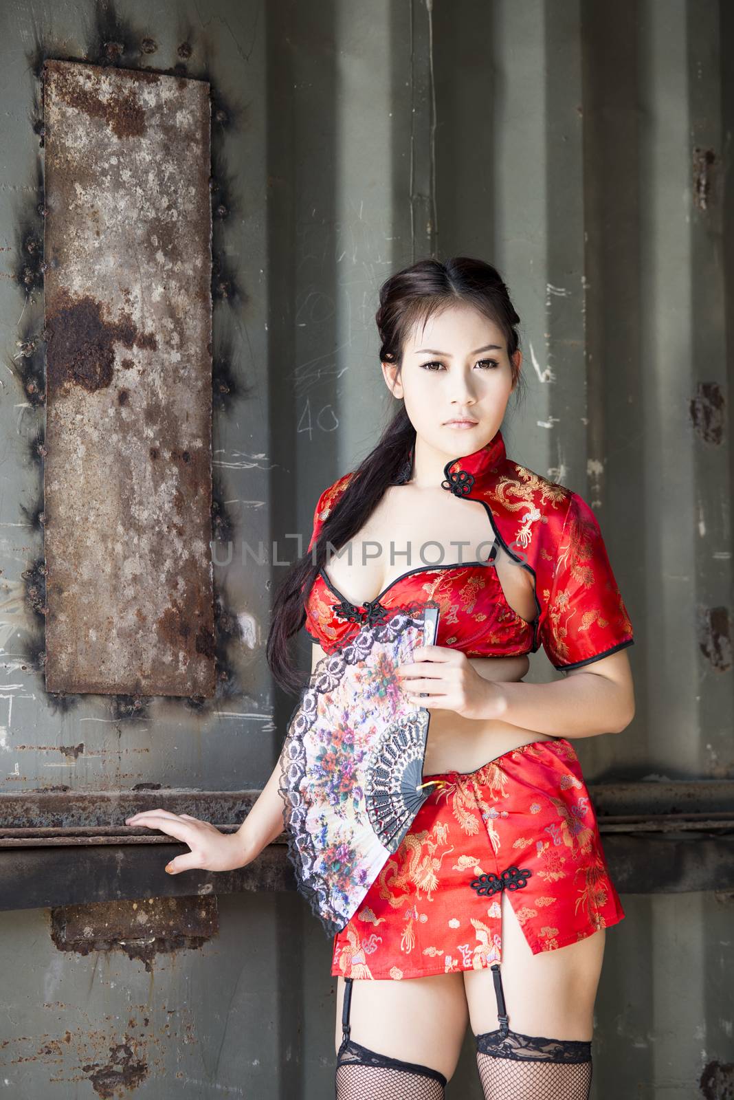 Sexy Chinese woman red dress traditional cheongsam