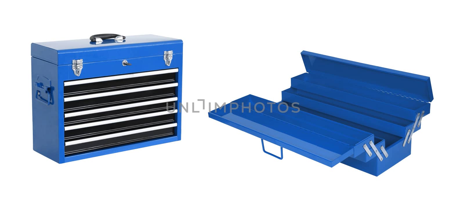 blue toolboxes isolated on white