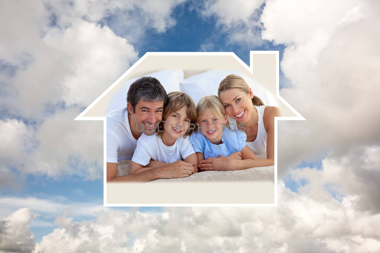 Merry family having fun in the bedroom against blue sky with white clouds