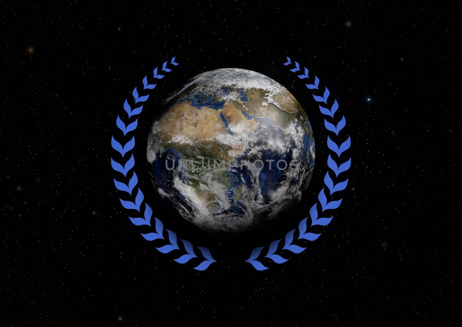 Illustrated Earth with a blue Laurel wreath