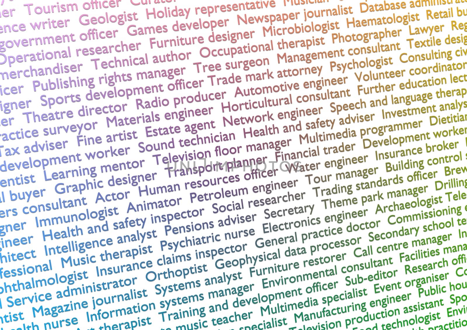 Illustration of lots of text showing titles of professions with gradient effect