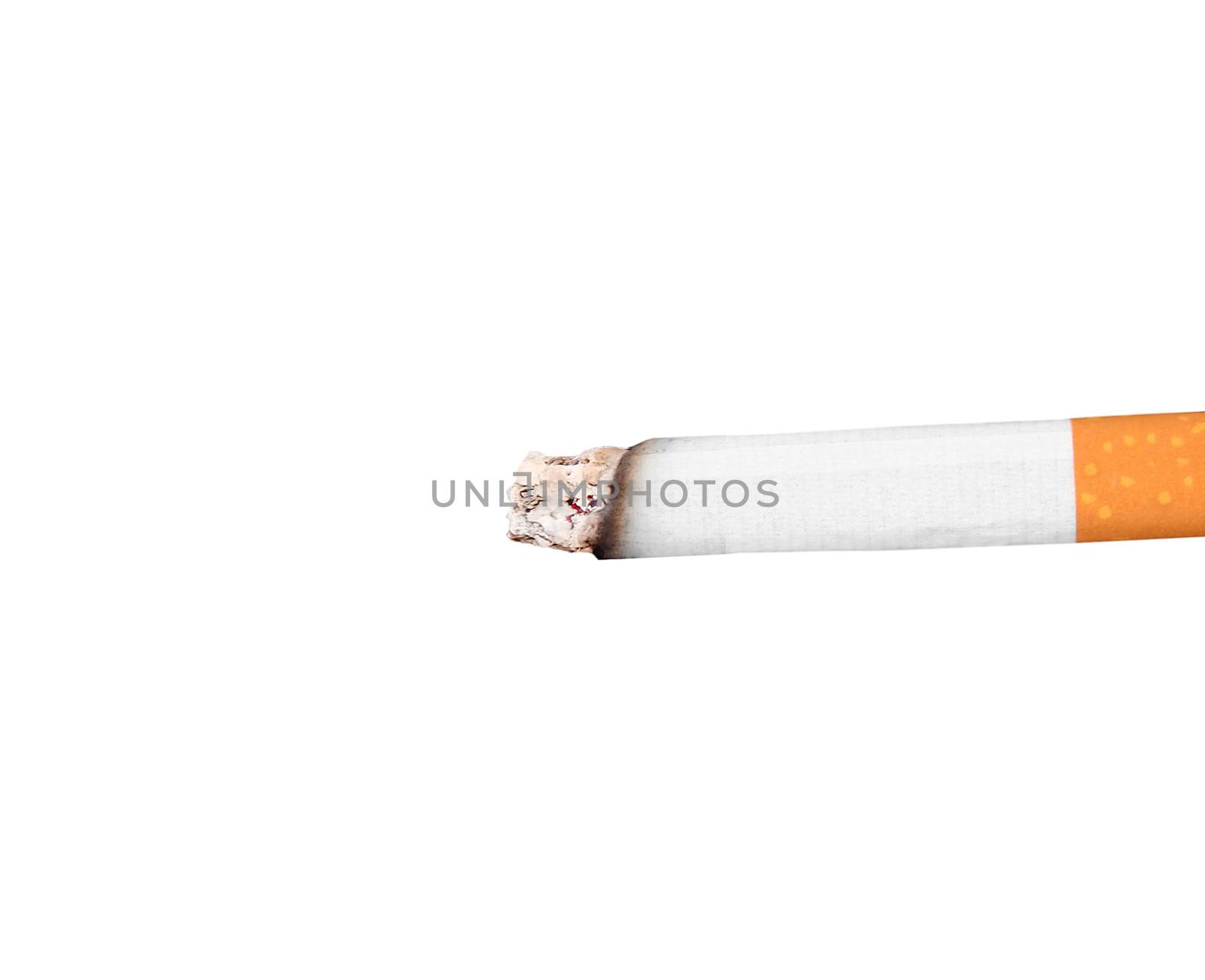 Burning cigarette with ashes isolated on white.
