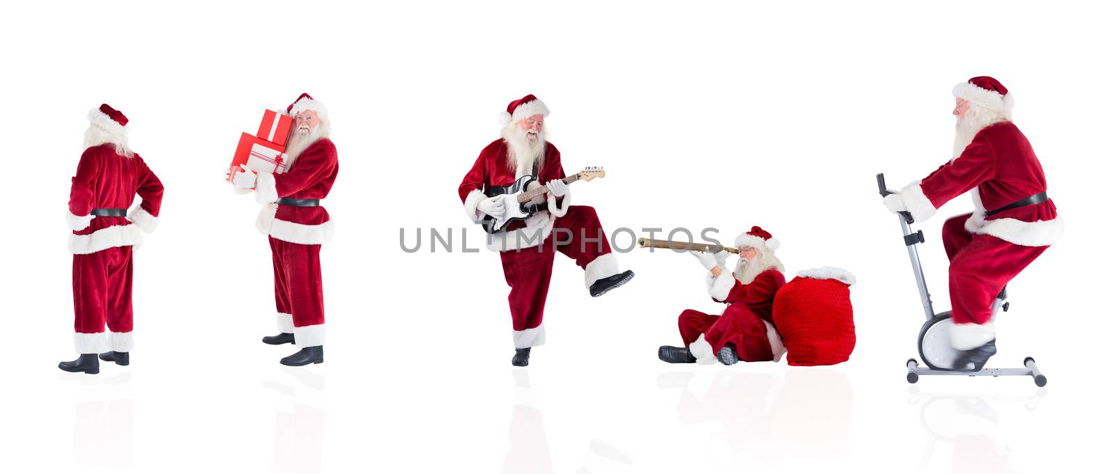 Composite image of different santas on white background