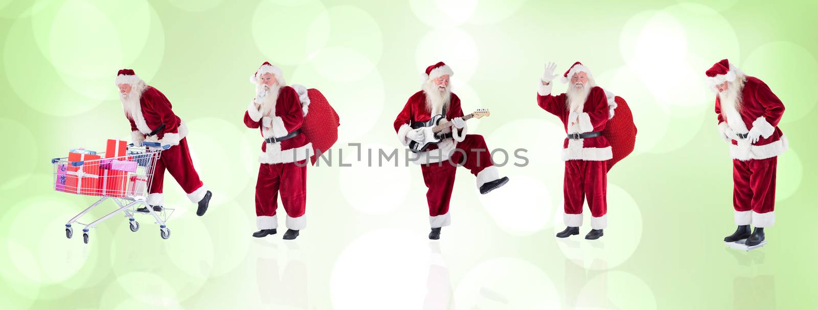 Composite image of different santas against green abstract light spot design