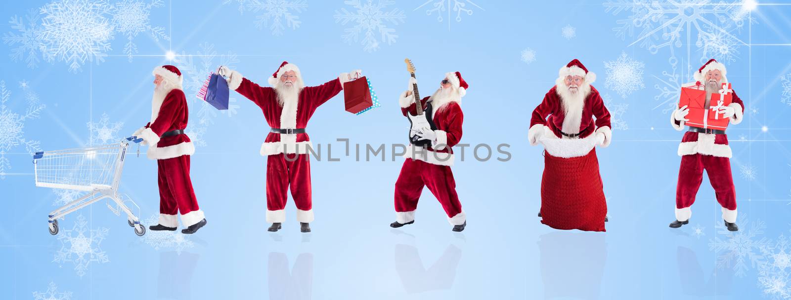 Composite image of different santas against white snowflake design on blue