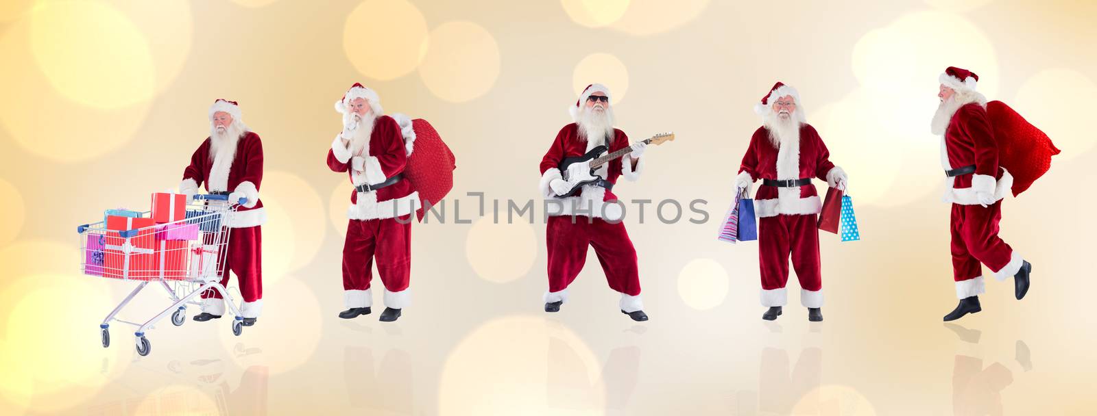 Composite image of different santas against yellow abstract light spot design