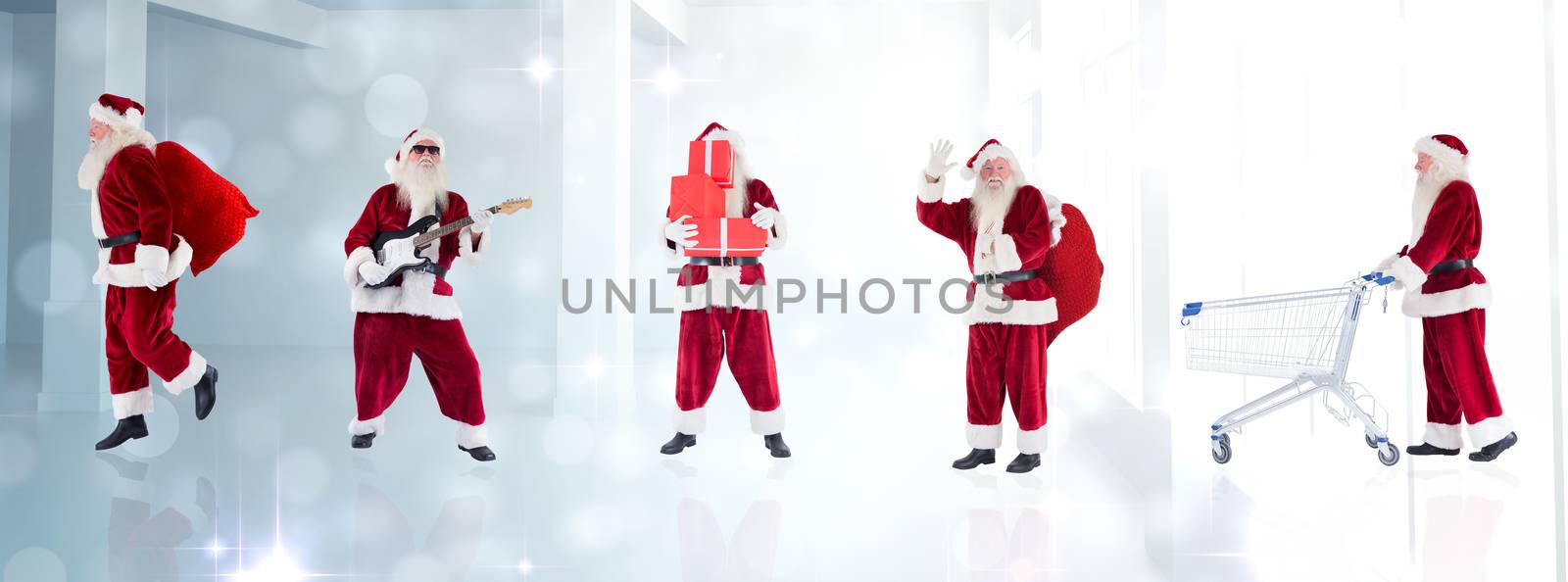 Composite image of different santas against lights glowing in modern room